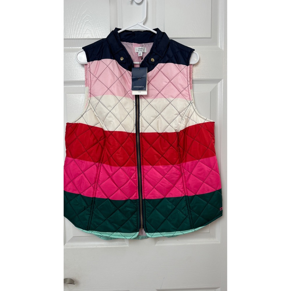 Crown & Ivy Icon Quilted Vest Womens 1X Multicolor Striped Full Zip Sleeveless